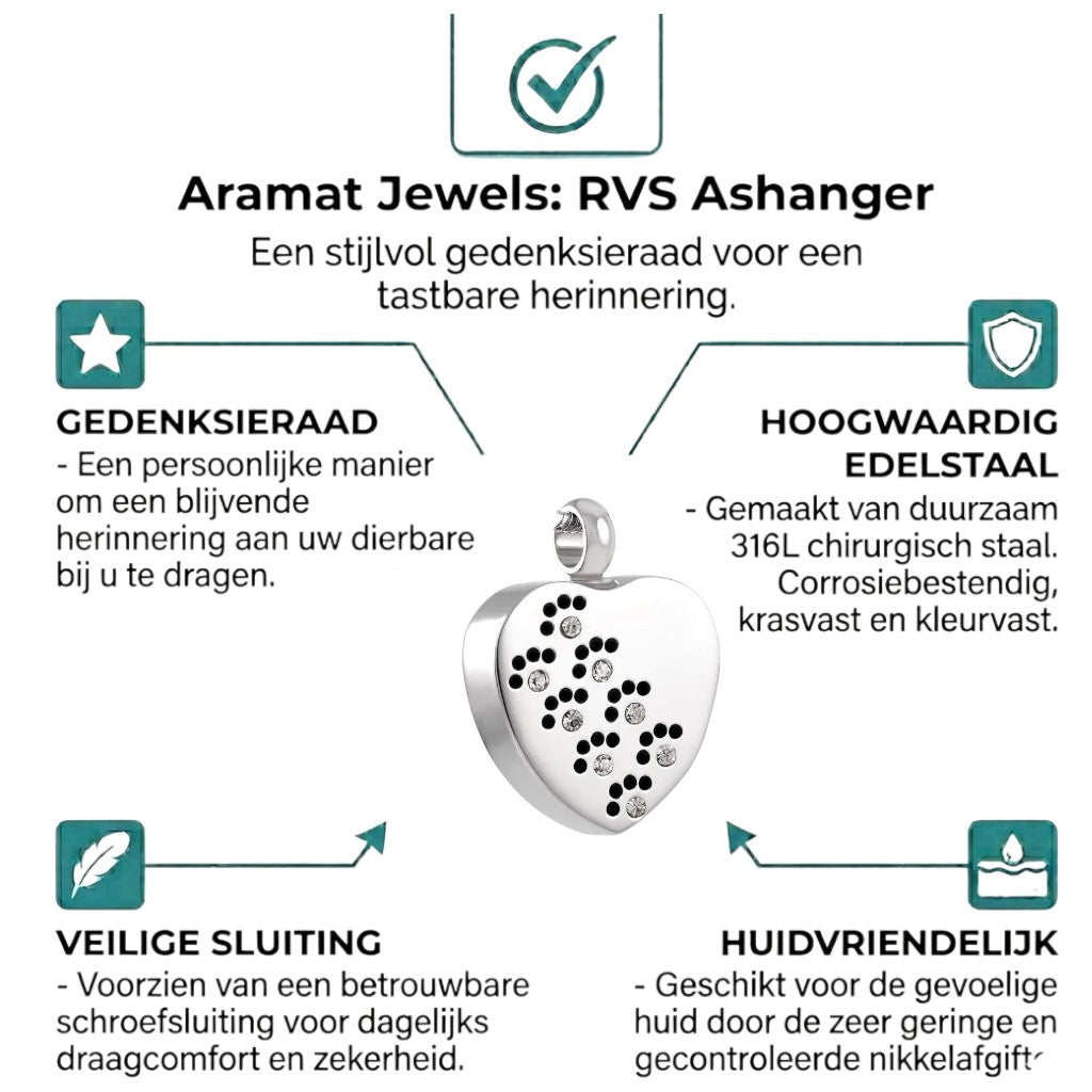 Aramat Jewels zilverkleurige stalen ashanger in hartvorm met pootjes en zirkonia steentjes.