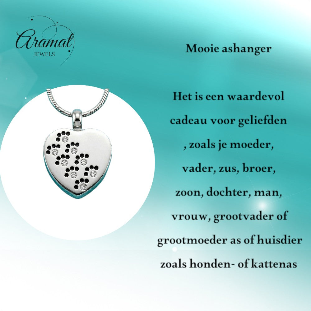 Aramat Jewels zilverkleurige stalen ashanger in hartvorm met pootjes en zirkonia, voor huisdieren.