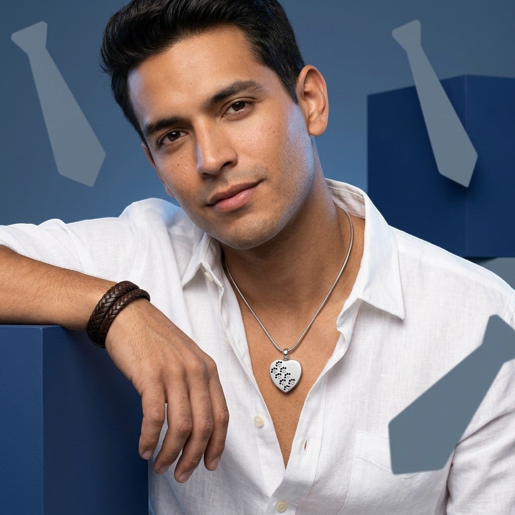 Aramat Jewels zilverkleurige stalen ashanger in hartvorm met pootjes en zirkonia, gedragen door een man.