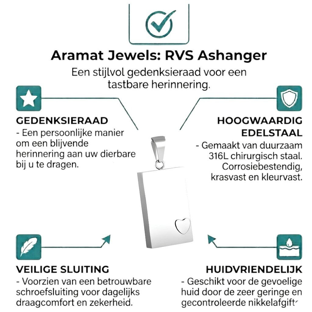 Aramat Jewels zilverkleurige stalen rechthoekige ashanger met een klein hartje, 40x18mm.