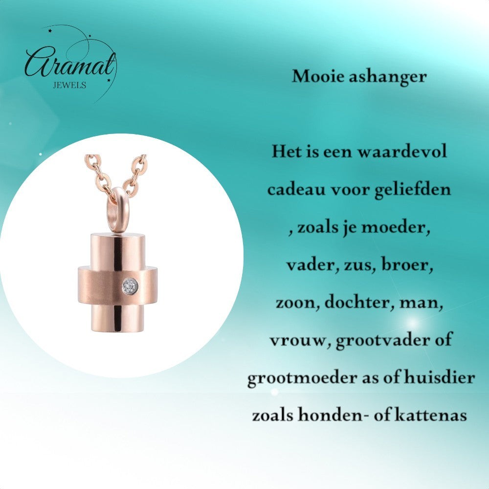Aramat Jewels® moderne stalen ashanger in roségoud met een diamantje, waterbestendig, 1 gram as capaciteit.