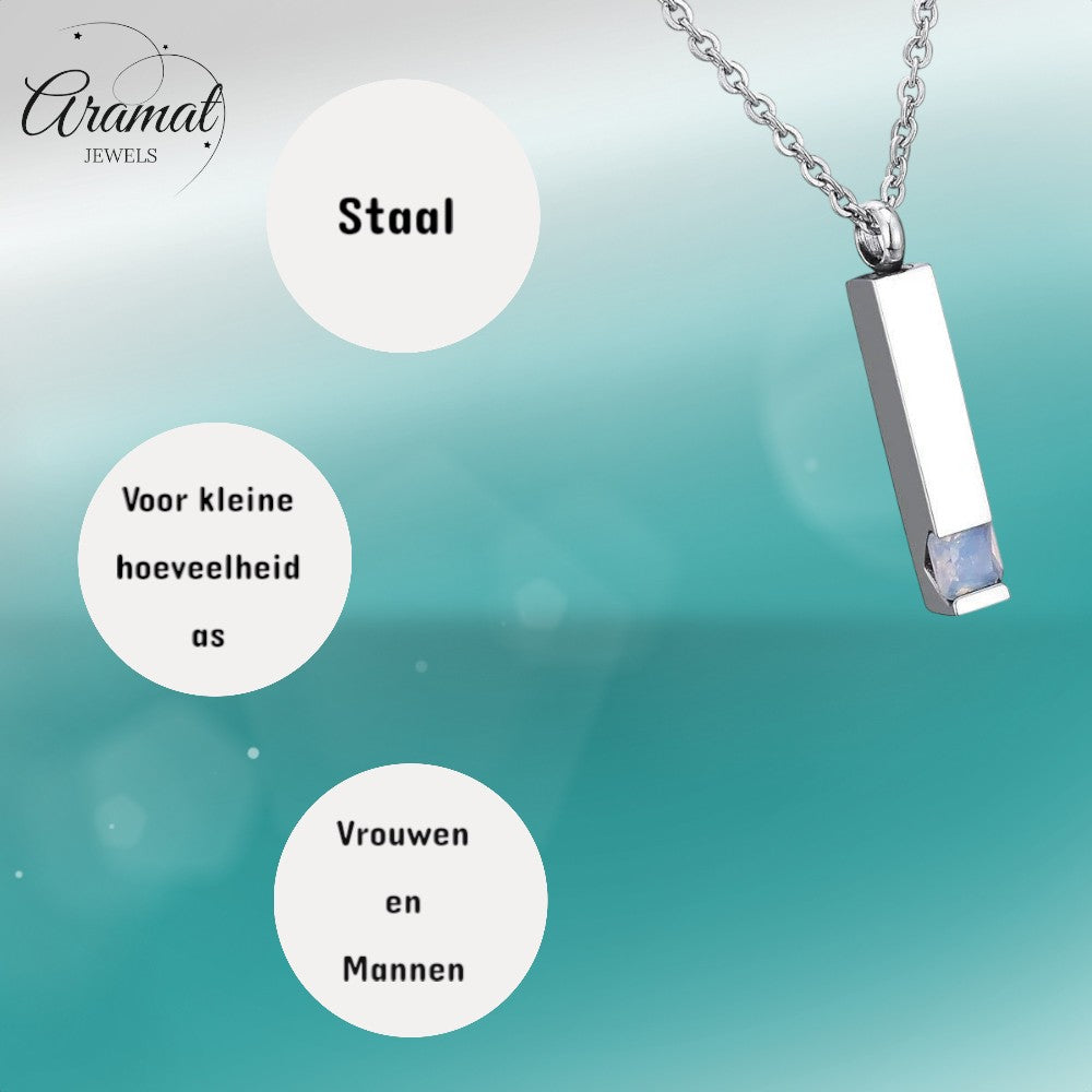 Aramat Jewels zilverkleurige stalen staaf ashanger met zirkonia steen, waterbestendig gedenksieraad.