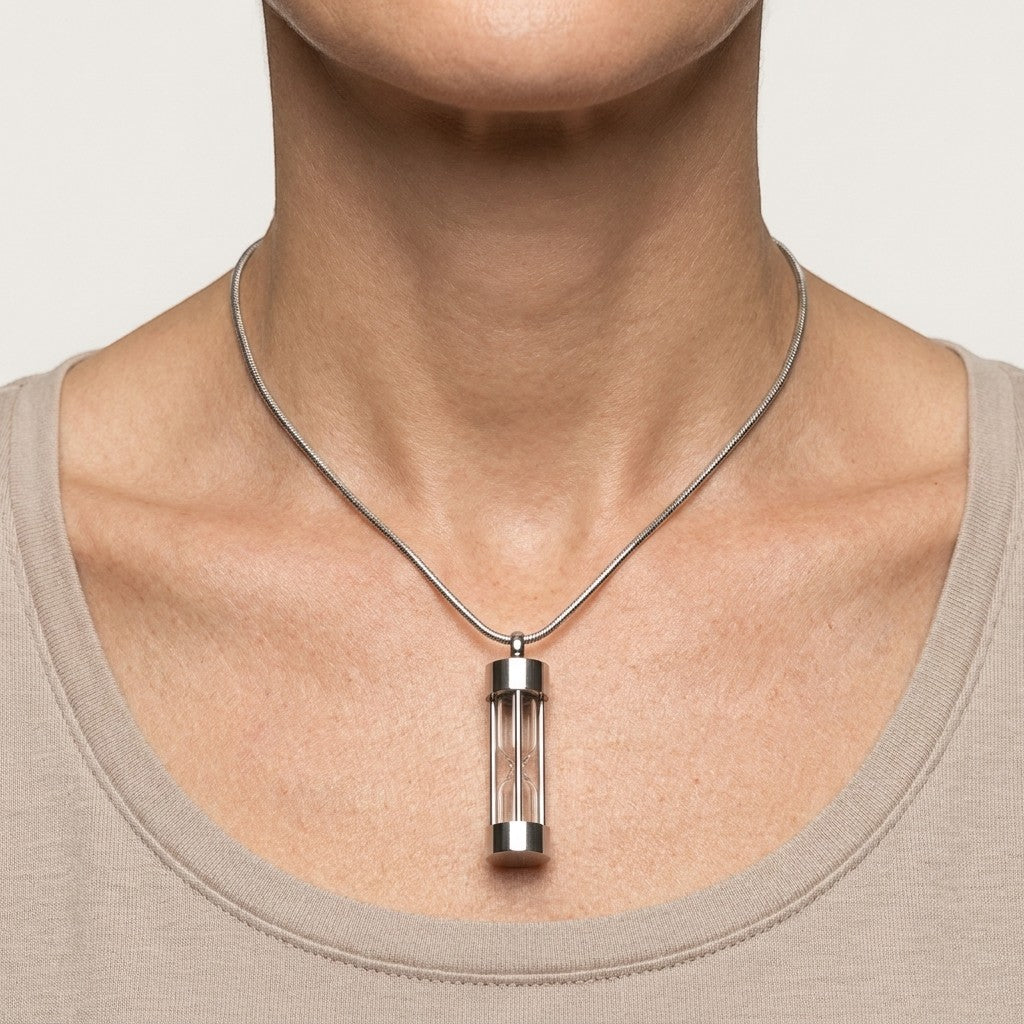 Aramat Jewels zilverkleurige stalen ashanger in zandloper design, 4,5cm, met schroefsluiting voor as.