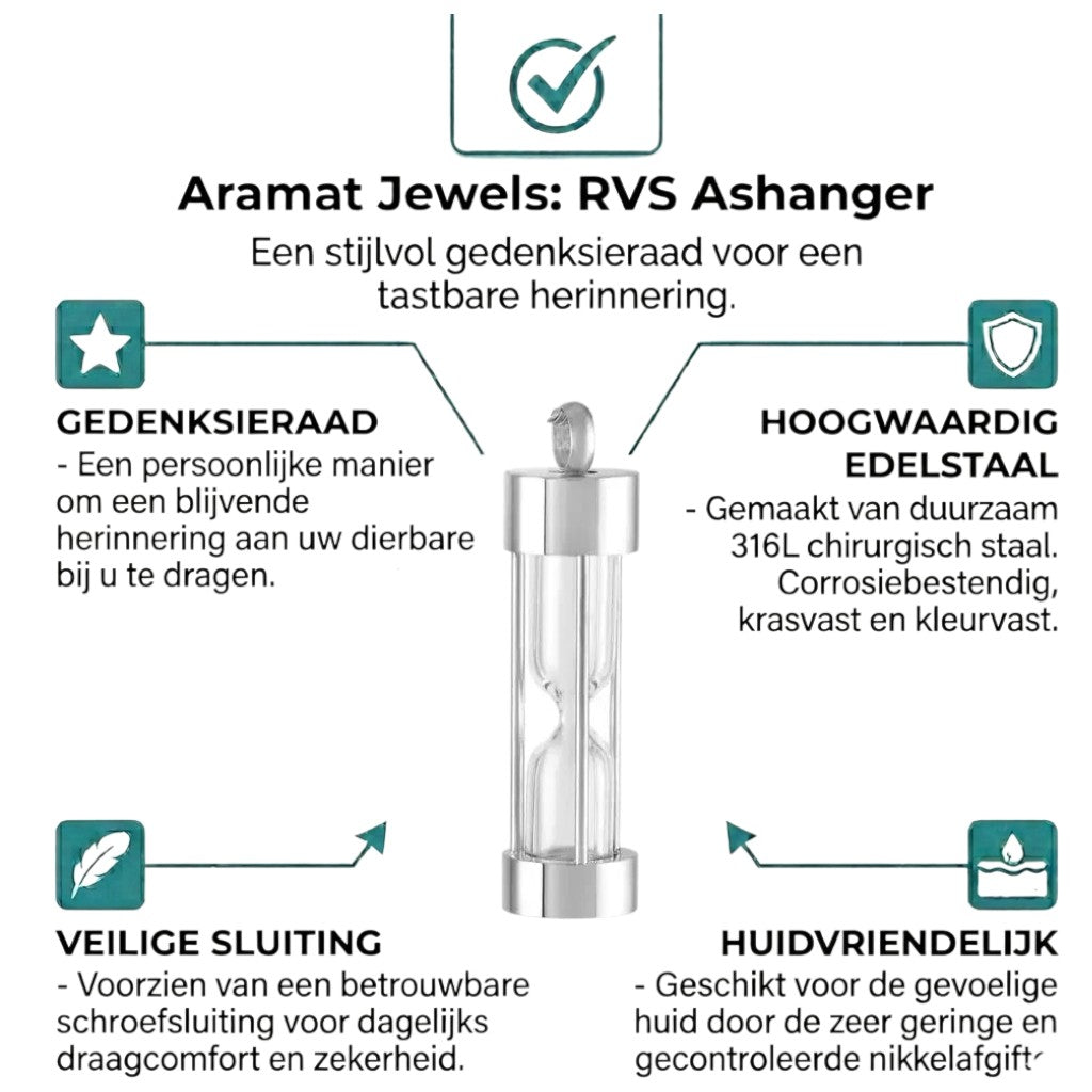 Aramat Jewels zilverkleurige stalen ashanger in zandloper design, 4,5cm, waterbestendig, met schroefsluiting.
