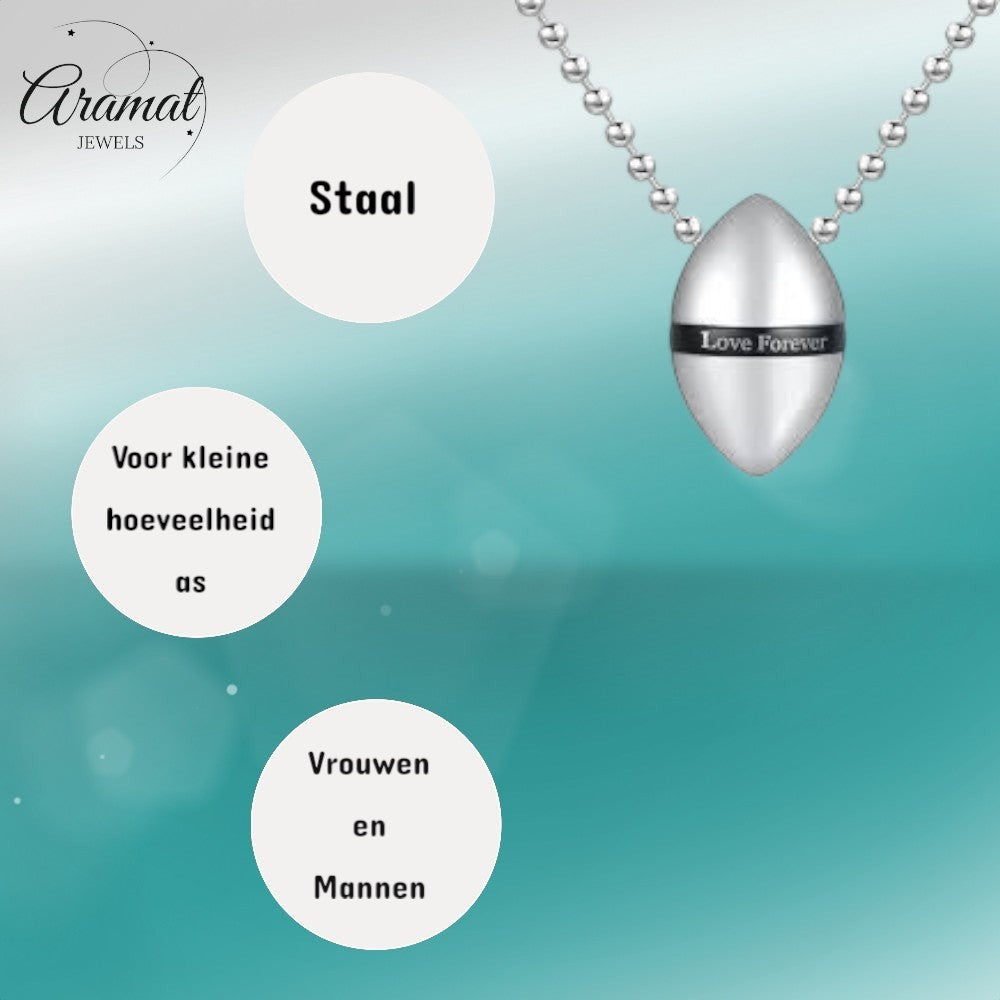 Aramat Jewels zilverkleurige en zwarte stalen ashanger met de tekst "Love Forever". Een stijlvol gedenksieraad met schroefsluiting.