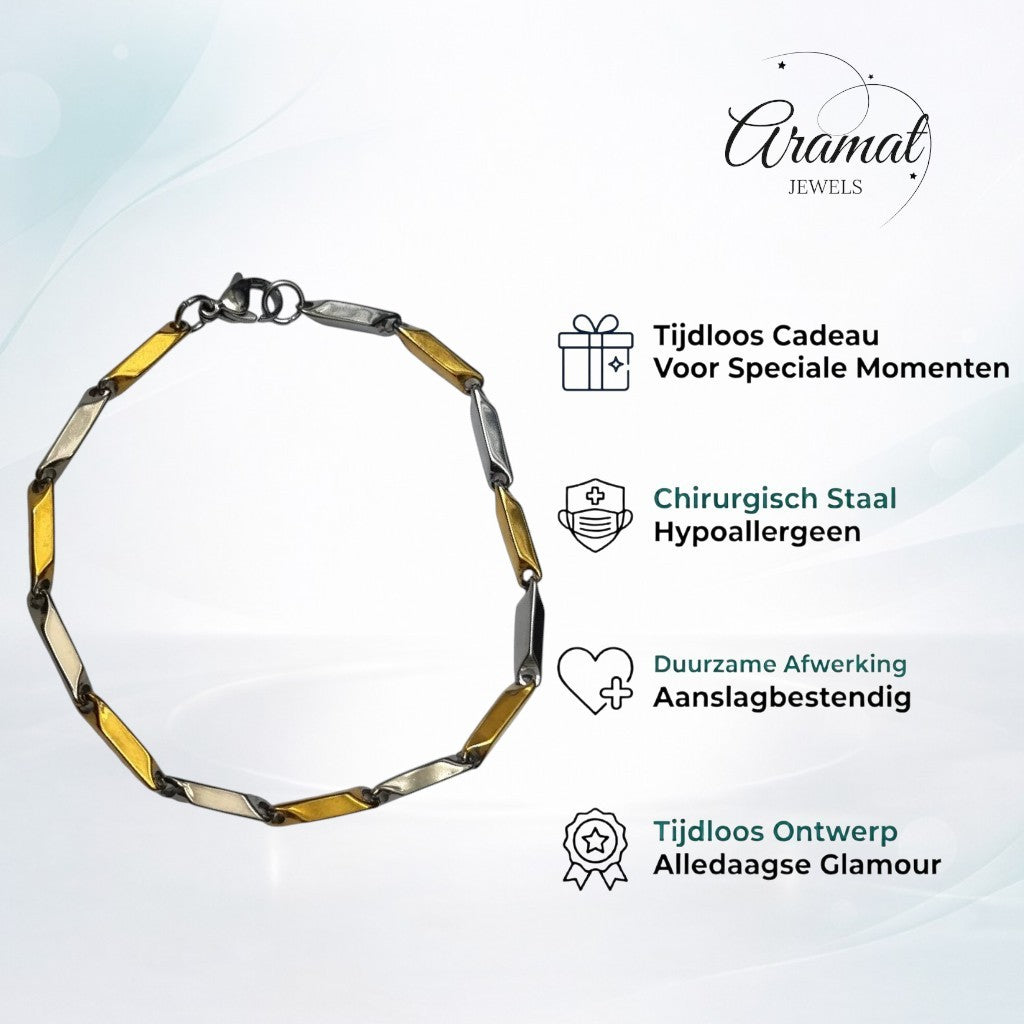 Aramat Jewels bicolor stalen schakelarmband met bamboe-look schakels, 3mm breed en 22cm lang.