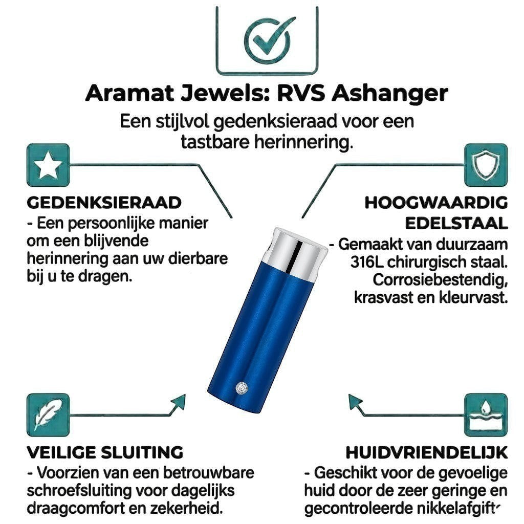 Aramat Jewels stalen blauwe ashanger met schroefsluiting, een gedenksieraad voor as.