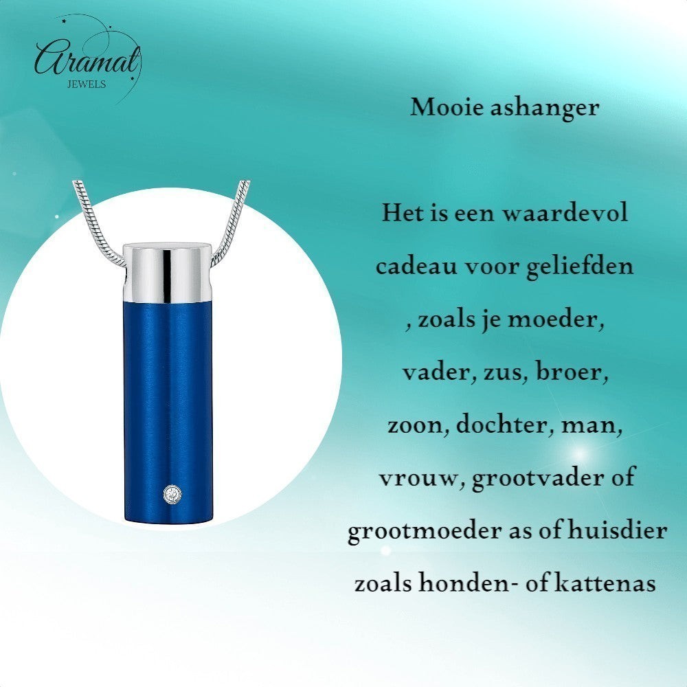 Aramat Jewels stalen blauwe ashanger met schroefsluiting en een klein zirkonia steentje. Gedenksieraad voor as.