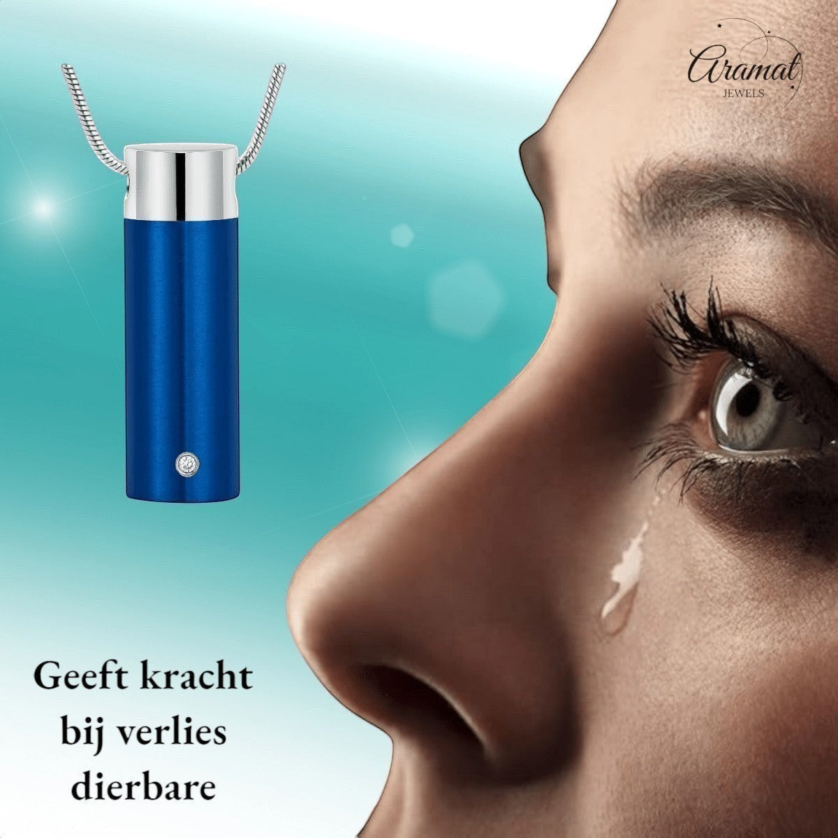 Aramat Jewels stalen blauwe ashanger met schroefsluiting en zirkonia, voor as van dierbaren.