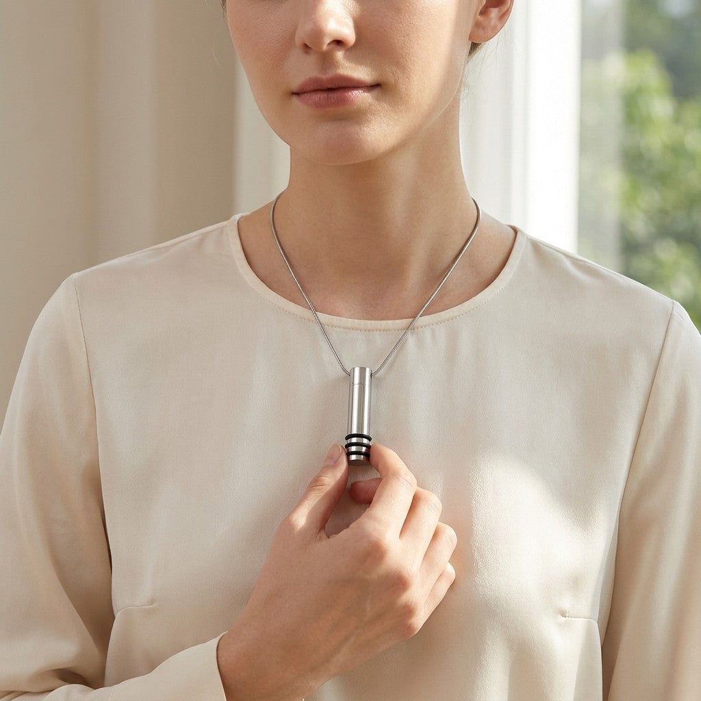 Aramat Jewels® stalen cilinder ashanger met zwarte strepen, 38x10mm, gedragen door een vrouw.