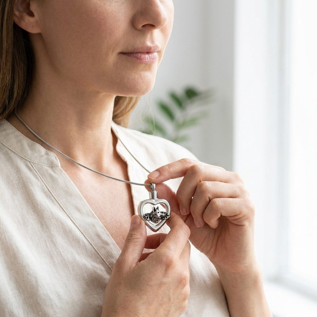 Aramat Jewels zilverkleurige stalen hart ashanger met hond en vleugels, gedragen door een vrouw.