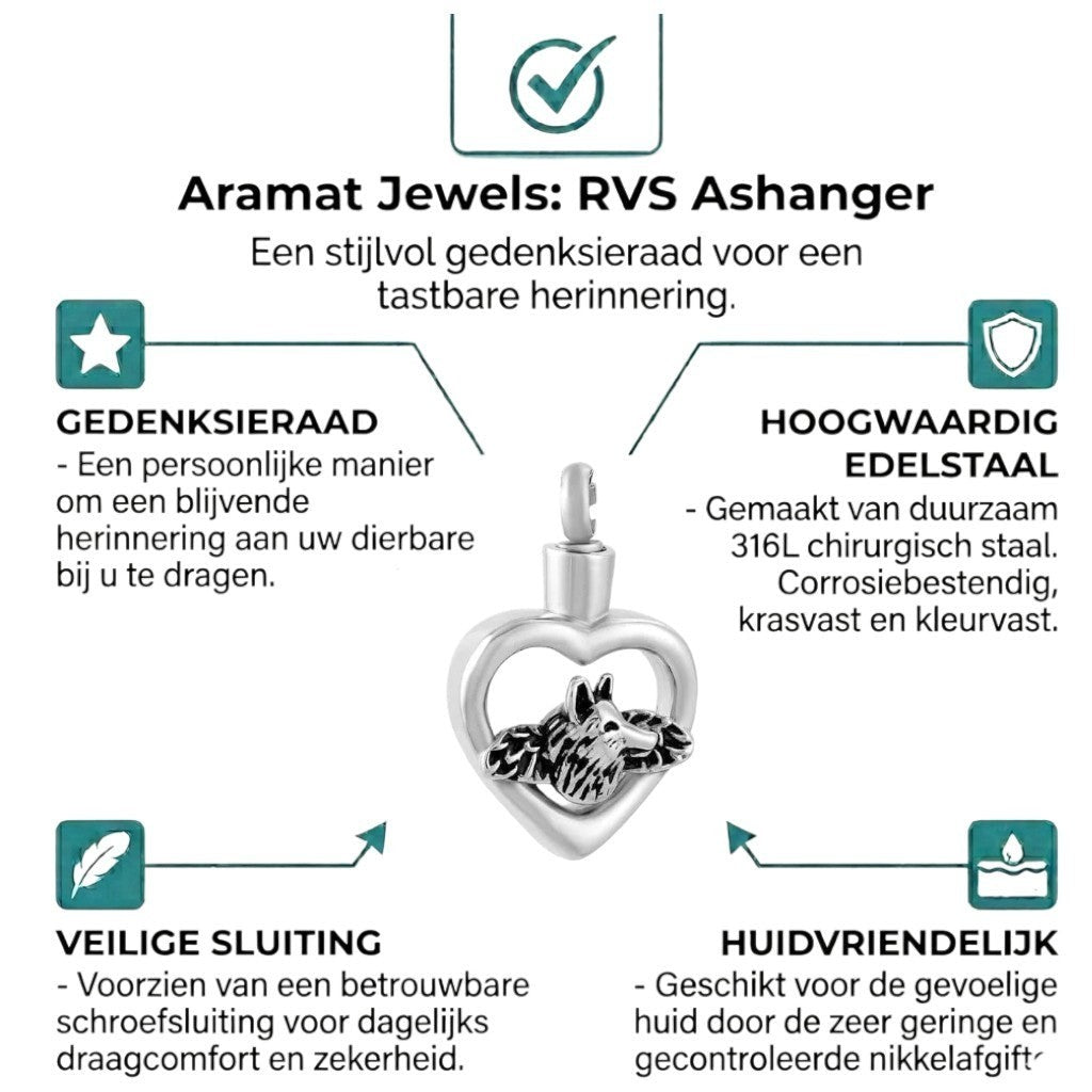 Aramat Jewels zilverkleurige stalen hart ashanger met hond en vleugels, gedenksieraad