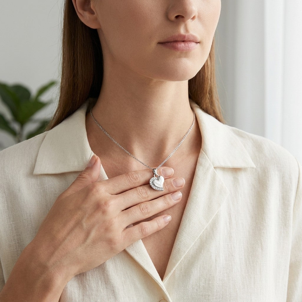 Aramat Jewels zilverkleurige stalen hart ashanger met transparante zirkonia's