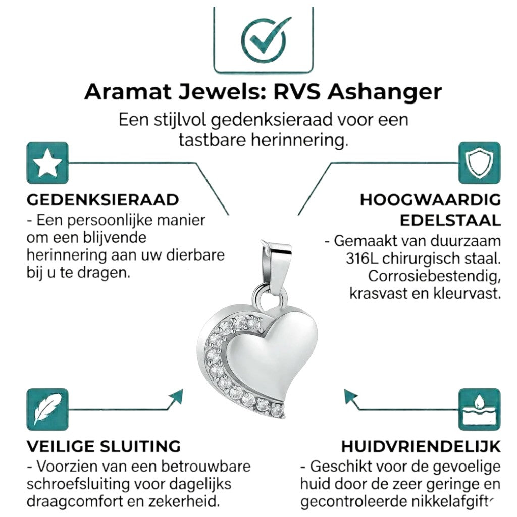 Aramat Jewels zilverkleurige stalen hart ashanger met transparante zirkonia's, 24x19mm.