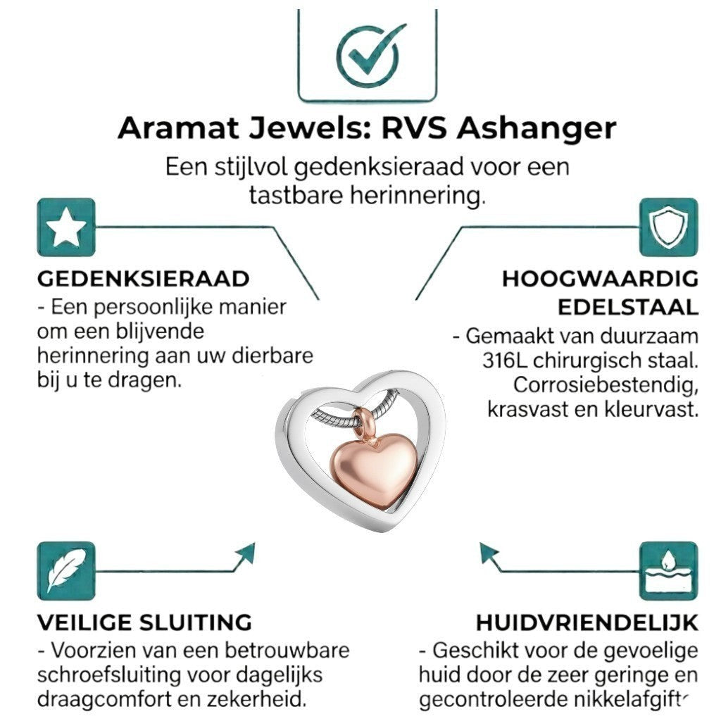 Aramat Jewels zilverkleurige en rosékleurige stalen hart crematiehanger met schroefsluiting voor as.