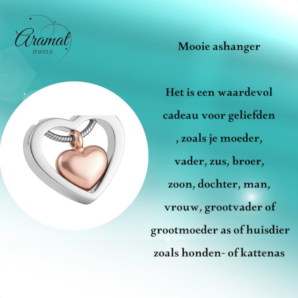 Aramat Jewels stalen hart crematiehanger in zilverkleurig en rosékleurig. Gedenksieraad met schroefsluiting voor as.