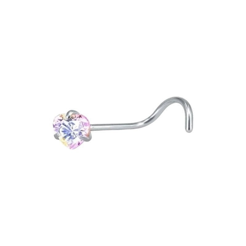Aramat Jewels stalen neuspiercing met een hartvormig AB transparant zirkonia steentje en een handig S-bocht staafje.