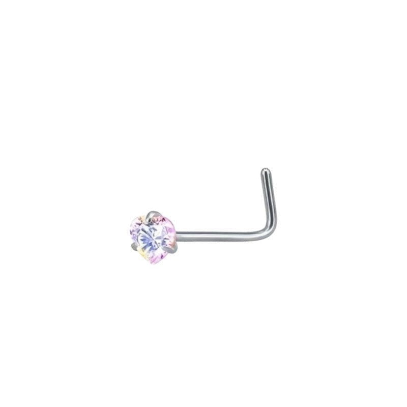 Aramat Jewels stalen neuspiercing met een hartvormige AB transparante zirkonia steen en gebogen staafje.