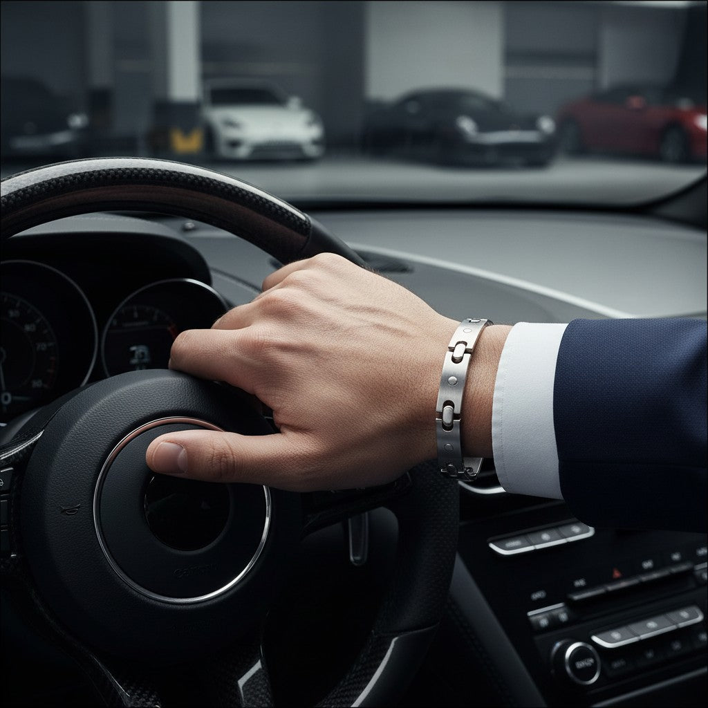 Aramat Jewels zilverkleurige stalen herenarmband met fantasie schakels gedragen tijdens het autorijden.