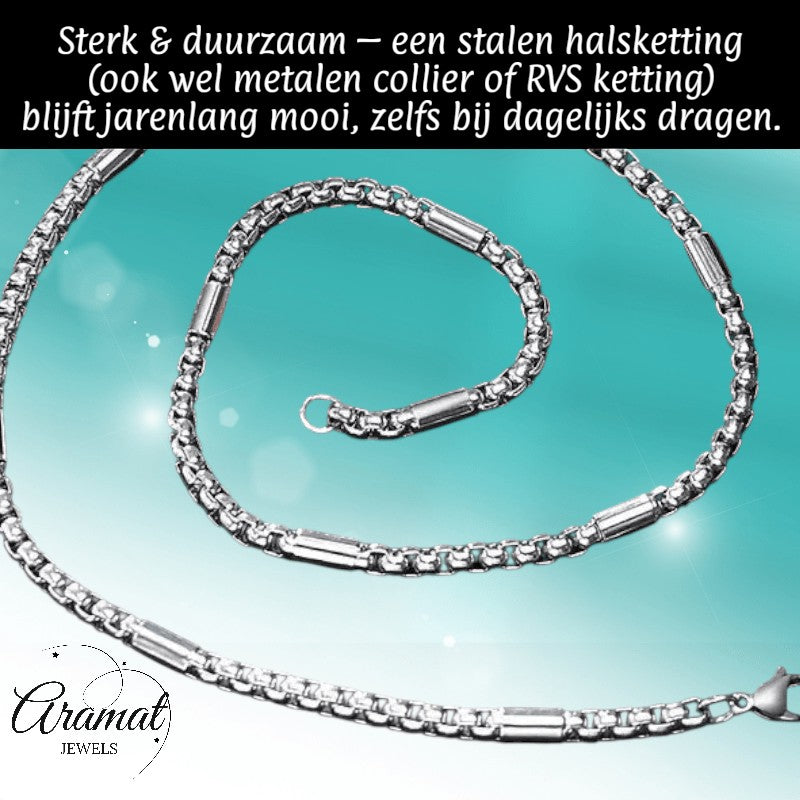 Aramat Jewels zilverkleurige RVS jasseron ketting van 60cm met ingelegde staafjes voor een robuuste uitstraling.