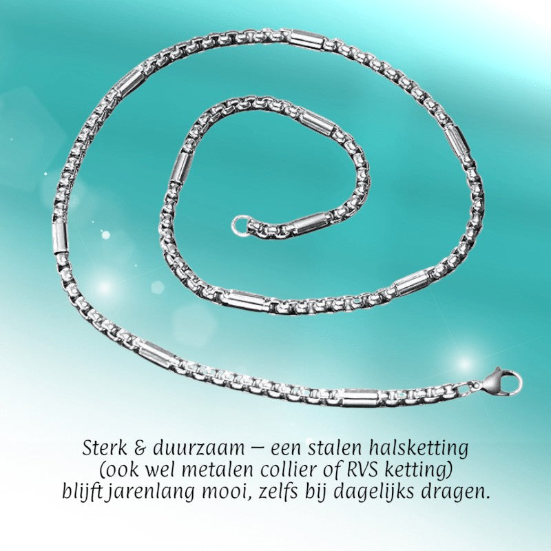 Aramat Jewels zilverkleurige RVS jasseron ketting van 60cm met ingelegde staafjes voor een robuuste uitstraling.