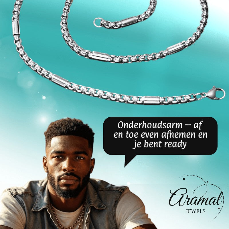 Aramat Jewels roestvrijstalen Jasseron ketting met staafjes, 60cm lang, gedragen door een man voor een stijlvolle look.