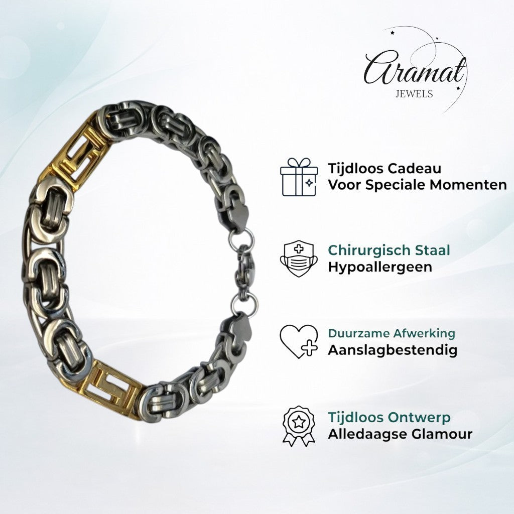 Aramat Jewels bicolor koningsarmband van 316L roestvrij staal met zilveren en gouden schakels, 9 mm breed.