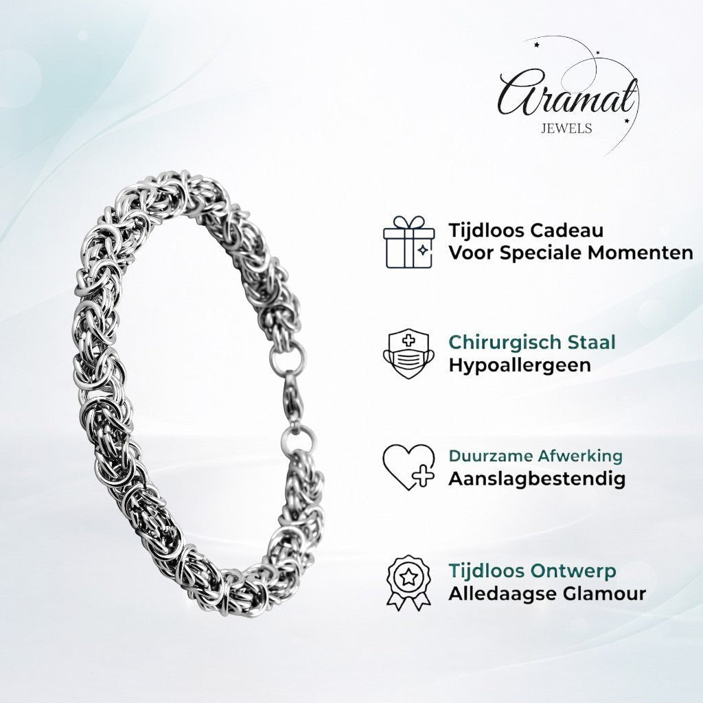 Aramat Jewels stalen koningsarmband met byzantijnse schakel, 7mm breed en 20cm lang, zilverkleurig.