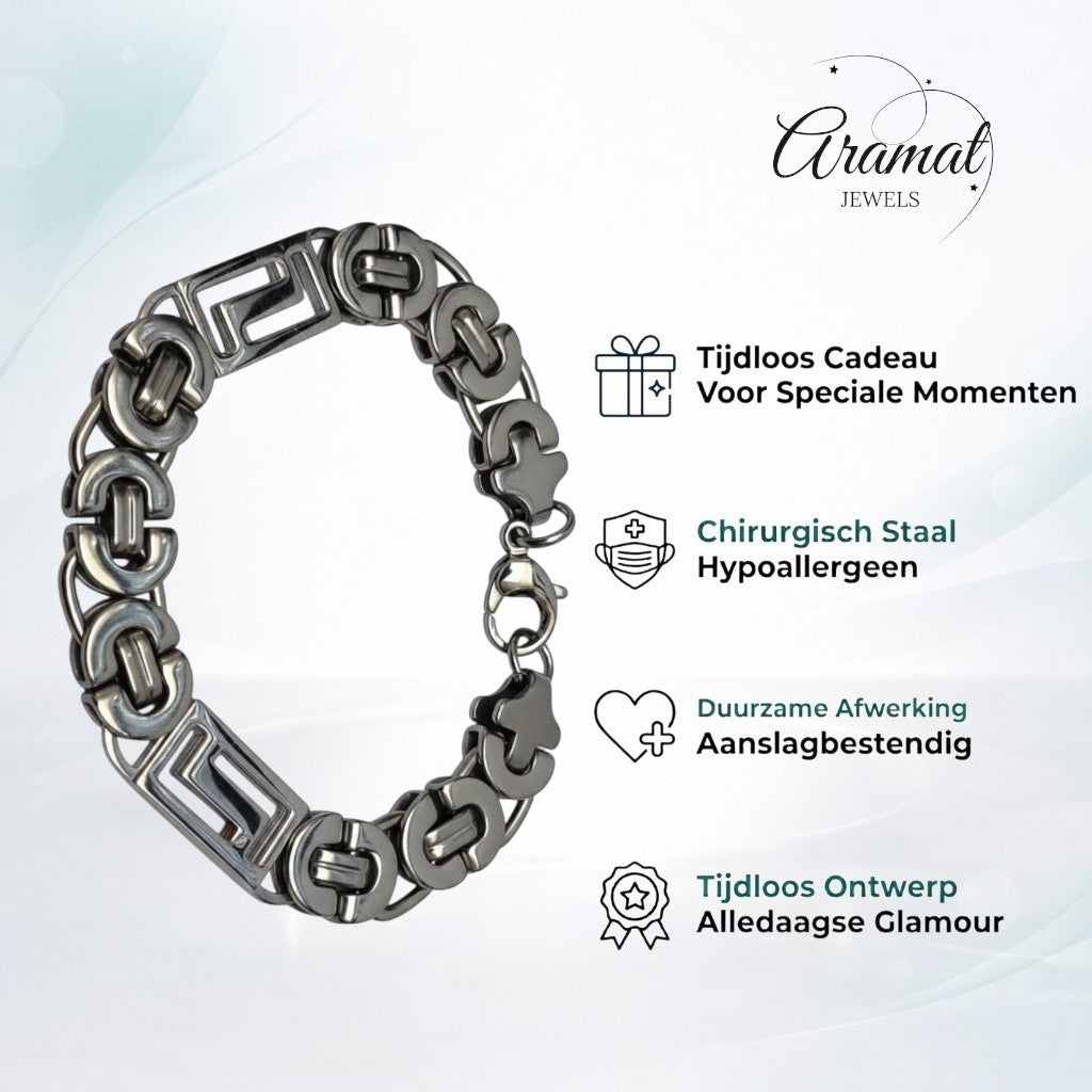 Aramat Jewels zilverkleurige stalen koningsarmband met 12mm brede schakels en een stevige karabijnsluiting.