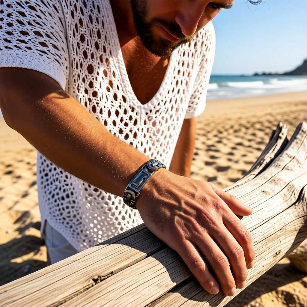 Man met Aramat Jewels zilverkleurige stalen koningsarmband van 12mm breed op het strand