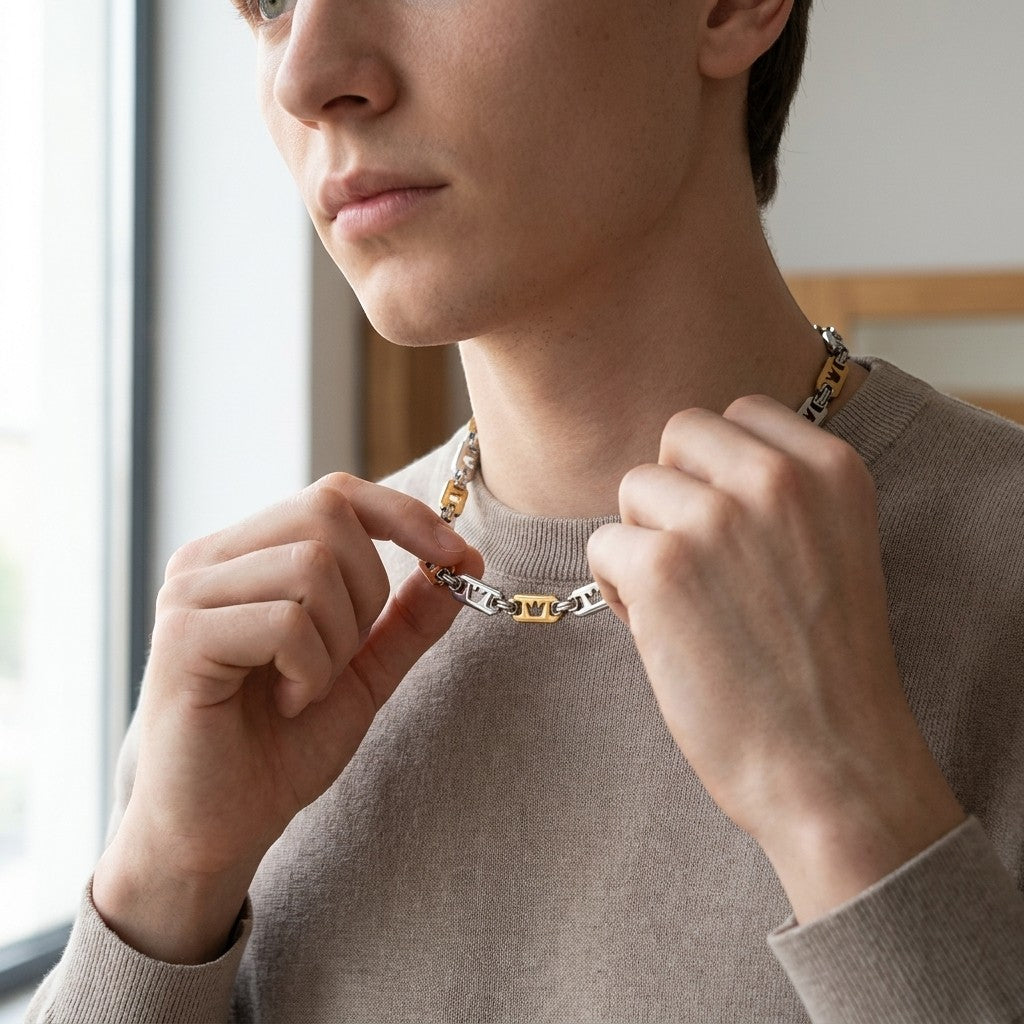 Aramat Jewels brede stalen koningsketting met kroonmotief gedragen door een man in een beige trui.