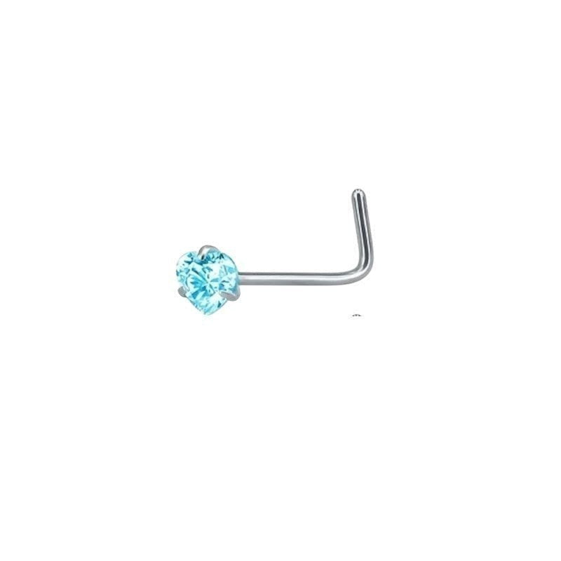 Aramat Jewels stalen neuspiercing in L-vorm met een fonkelende hartvormige blauwe zirkonia steen van 3 mm.