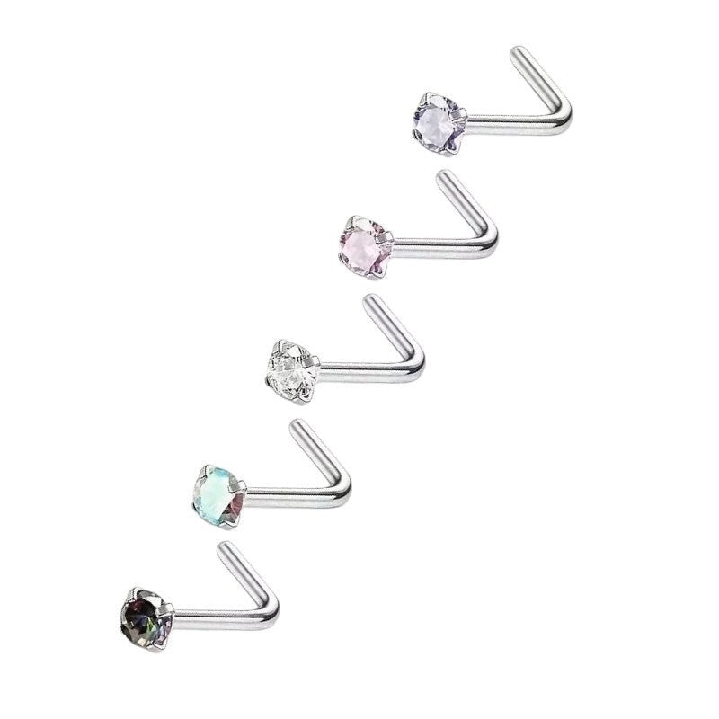 Aramat Jewels stalen neuspiercings met L-staafje en 2mm ronde zirkonia steentjes in diverse kleuren.