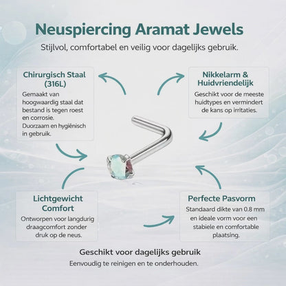 Aramat Jewels stalen neuspiercing met L-staafje en 2mm zirkonia steentje, getoond met productkenmerken in een infographic.