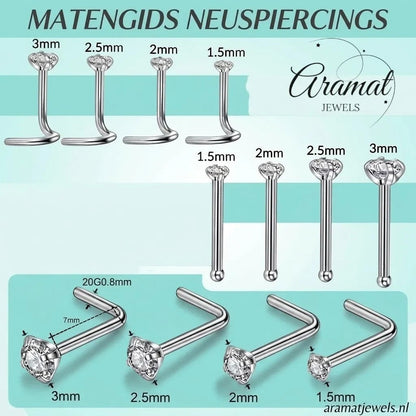Aramat Jewels maattabel voor stalen neuspiercings met zirkonia in diverse maten en vormen voor een perfecte pasvorm.