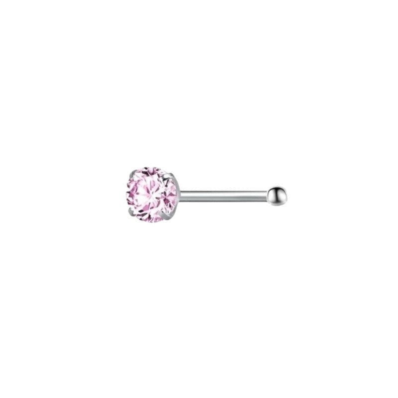 Aramat Jewels stalen neuspiercing met een schitterende roze zirkonia steen en een recht staafje in zilverkleur.