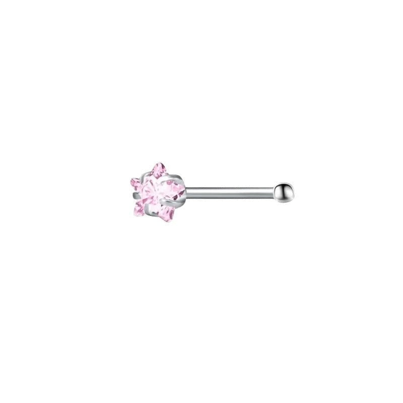 Aramat Jewels stalen neuspiercing met een zilverkleurig recht staafje en een schitterende roze ster-vormige zirkonia.