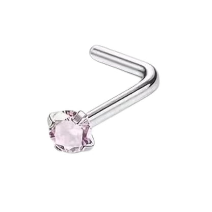 Aramat Jewels stalen neuspiercing met een roze 2mm ronde zirkonia steen en een L-vormig staafje.