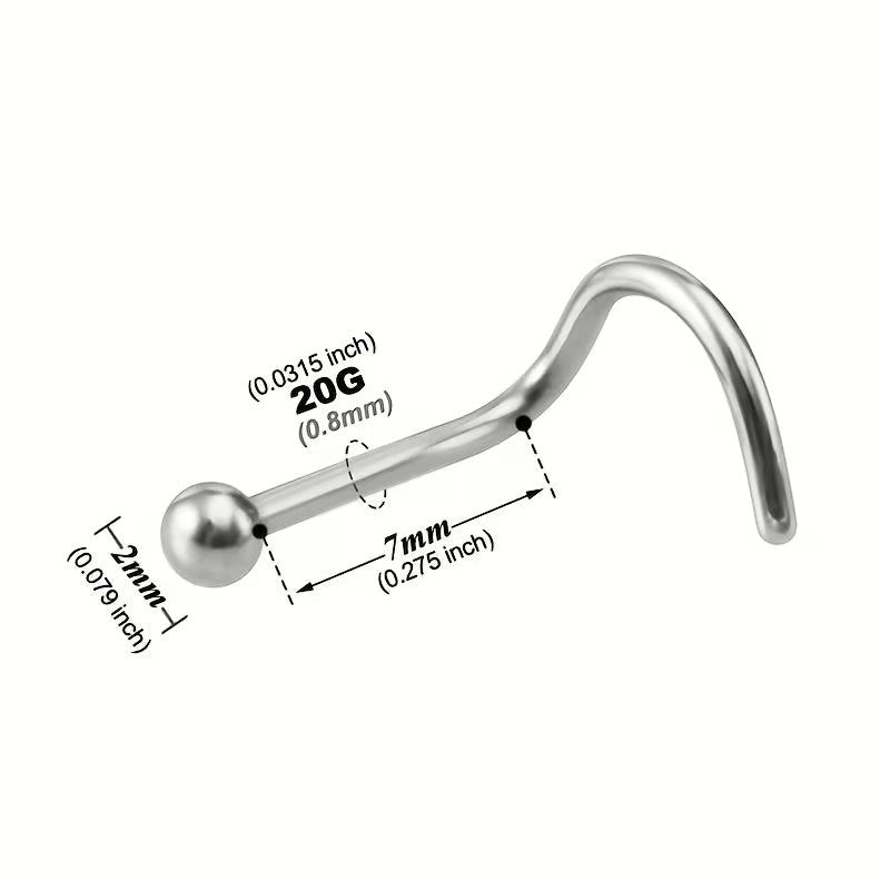 Aramat Jewels zilverkleurige neuspiercing van chirurgisch staal met een 2mm bolletje en S-vormig staafje.