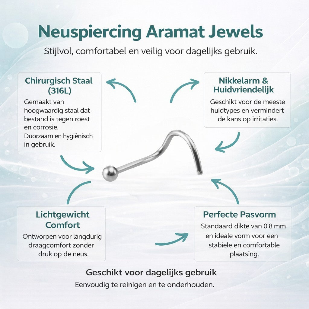 Aramat Jewels stalen neuspiercing met 2mm bolletje en S-staafje, getoond met productkenmerken in een infografiek.