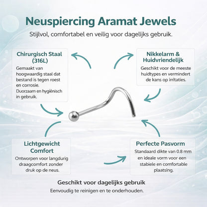 Aramat Jewels stalen neuspiercing met 2mm bolletje en S-staafje, getoond met productkenmerken in een infografiek.