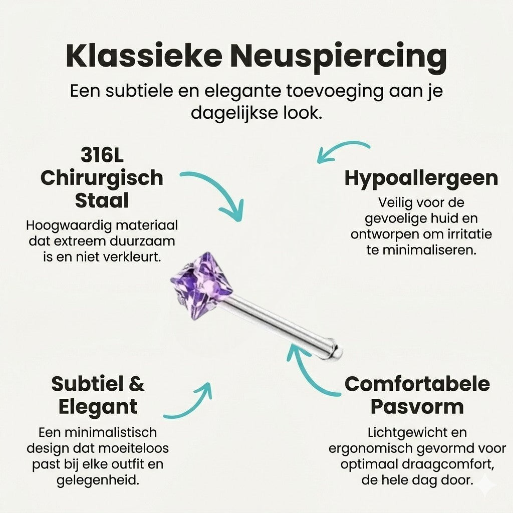 Aramat Jewels neuspiercing van chirurgisch staal met een paarse vierkante zirkonia steen van 2mm op een recht staafje.