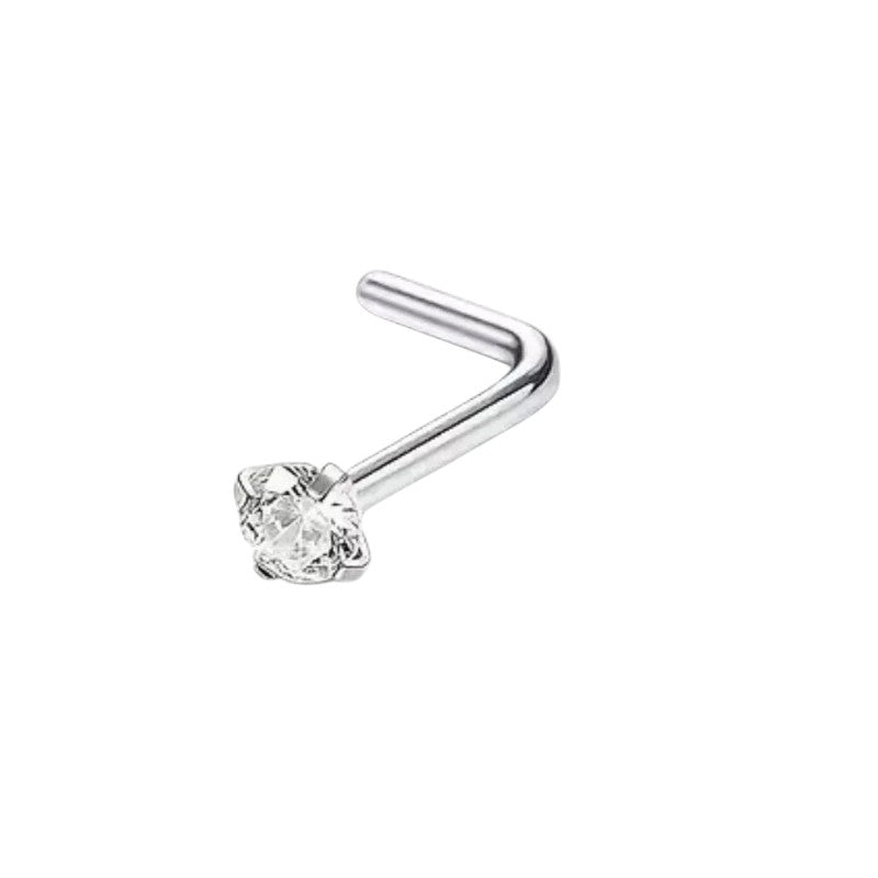 Aramat Jewels stalen L-vormige neuspiercing met een fonkelend transparant zirkonia steentje in een zilverkleurige zetting