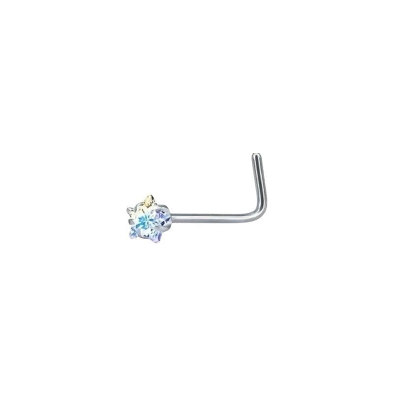 Aramat Jewels stalen neuspiercing met een sprankelend AB transparant zirkonia steentje en gebogen staafje.
