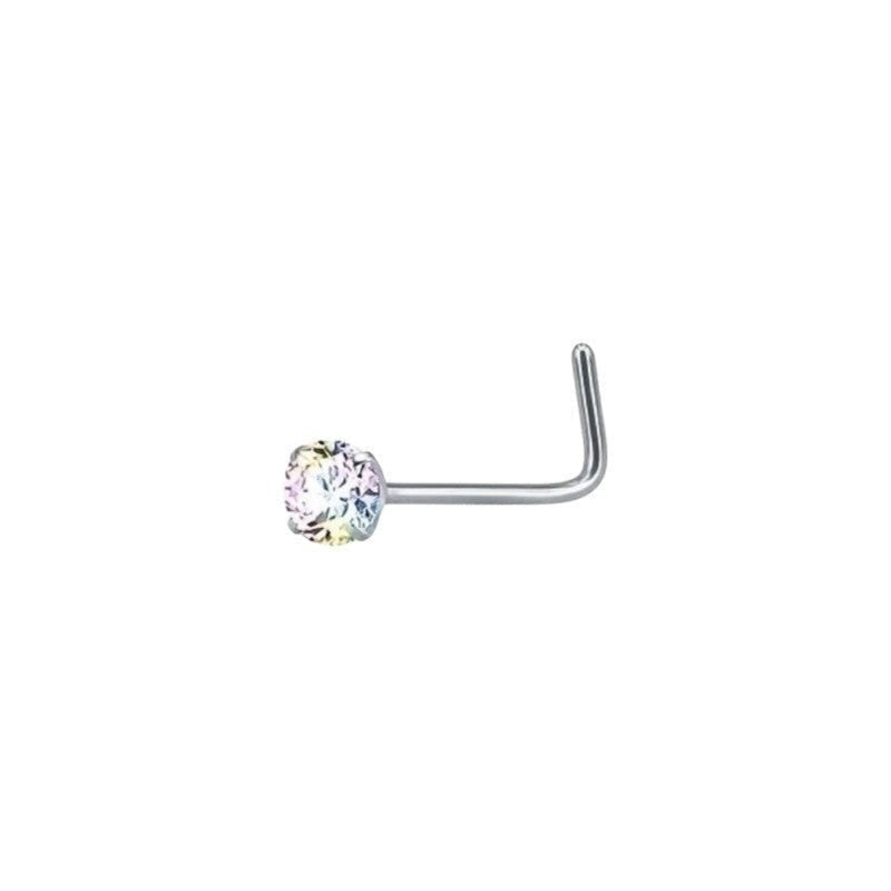 Aramat Jewels stalen neuspiercing met een sprankelende AB transparante zirkonia steen en gebogen staafje.