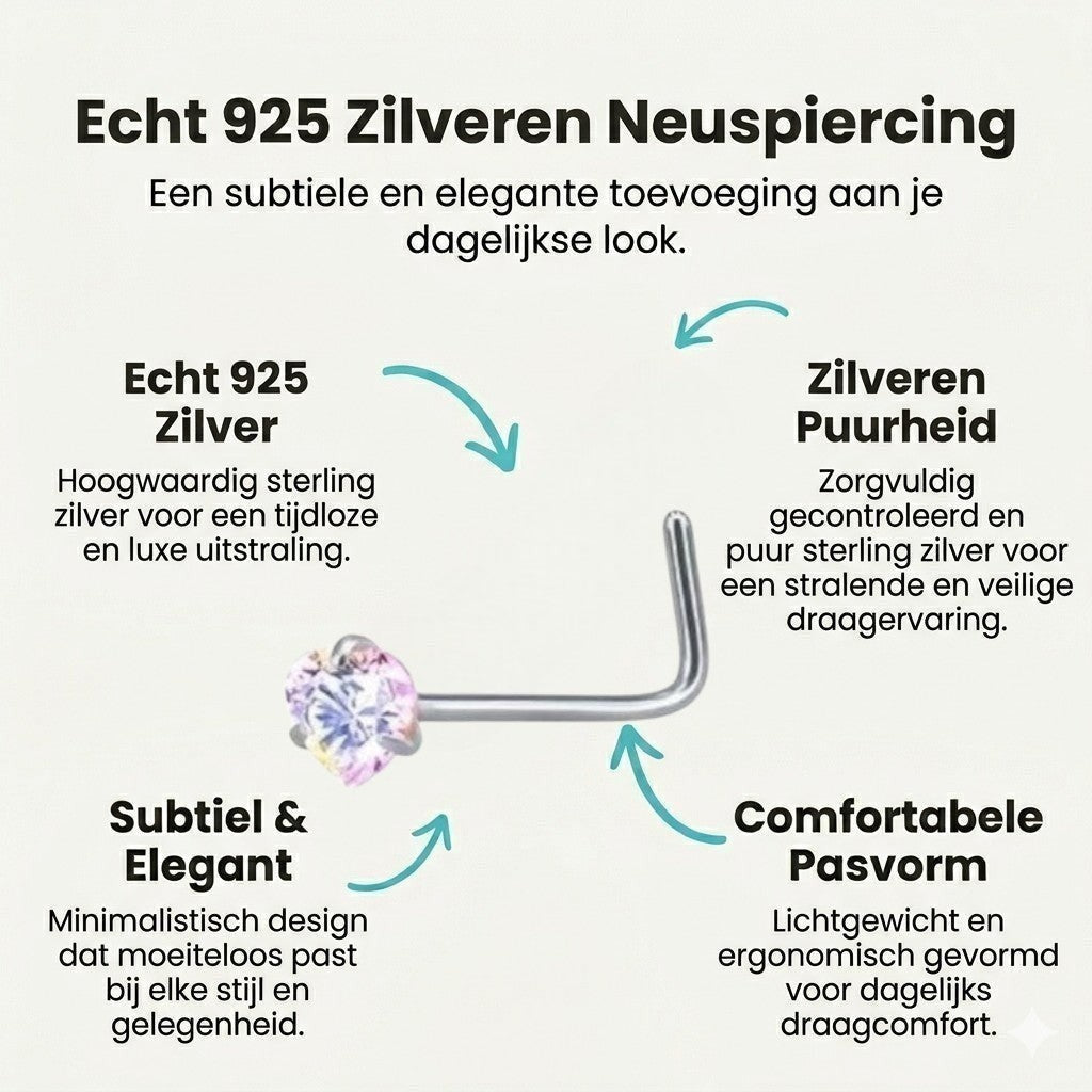 Aramat Jewels gebogen neuspiercing van staal met een sprankelend AB transparant zirkonia steentje in hartvorm.