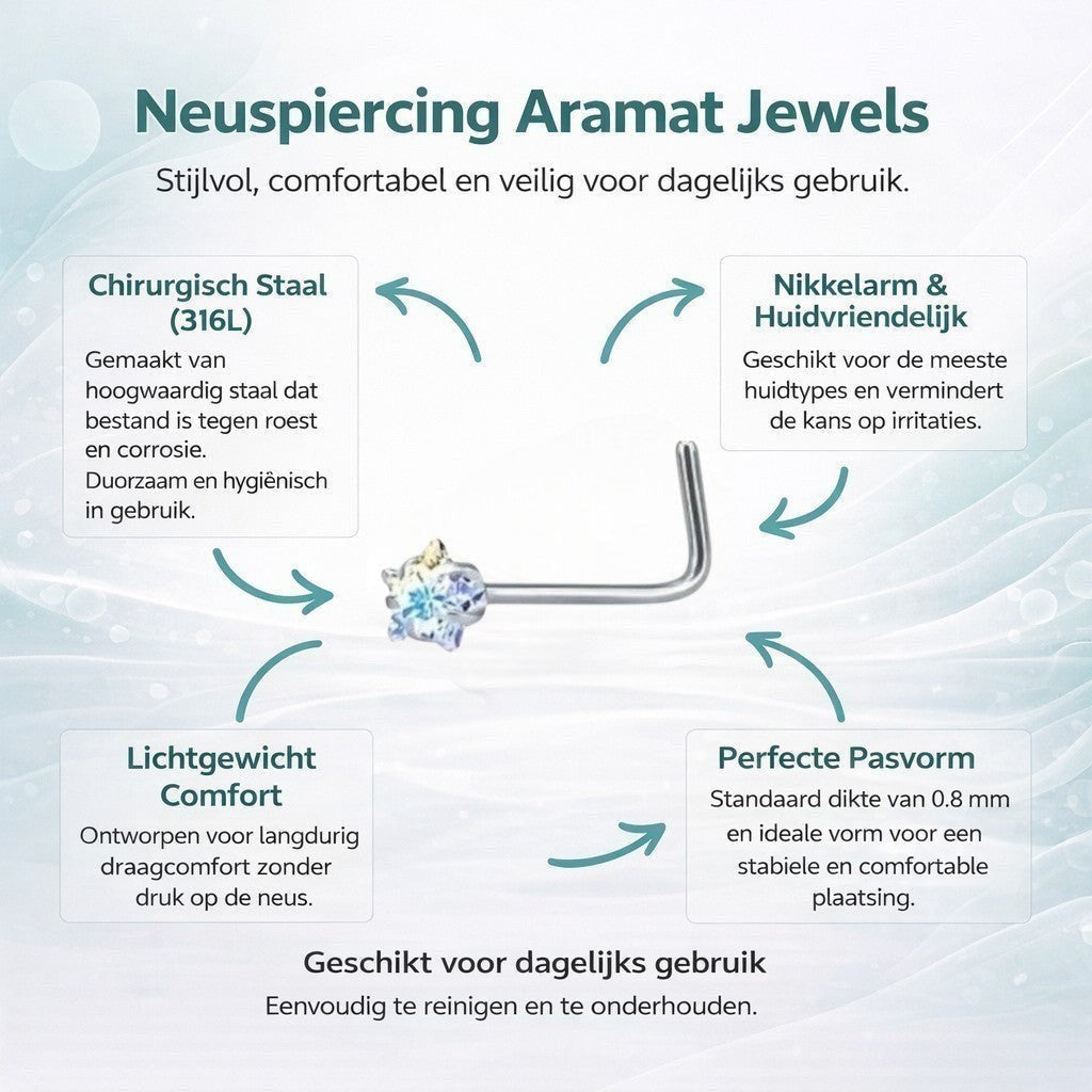 Aramat Jewels stalen neuspiercing met gebogen staafje en schitterende AB transparante zirkonia steen voor dagelijks gebruik