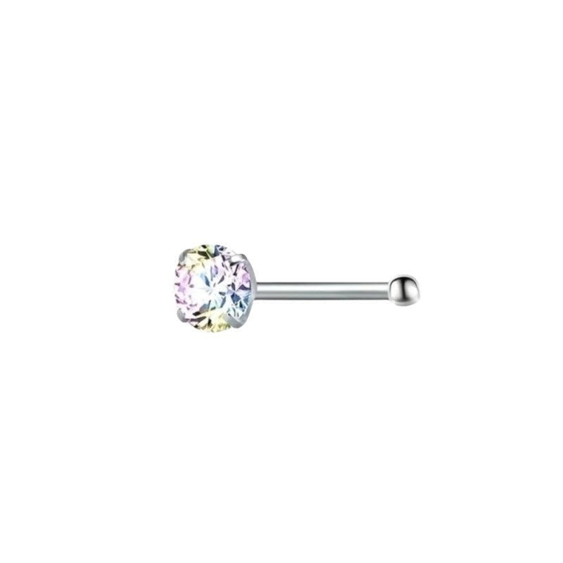 Aramat Jewels stalen neuspiercing met een sprankelende AB zirkonia steen en een recht staafje in zilverkleur.
