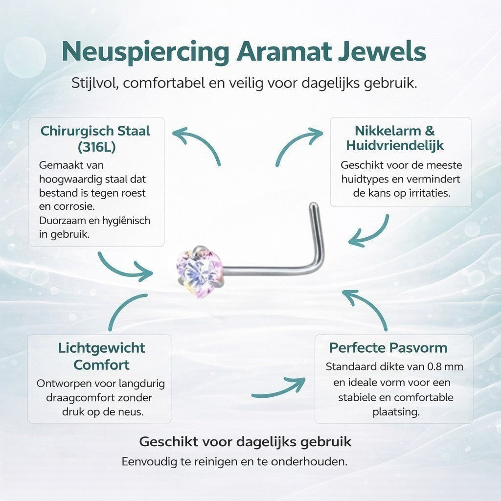 Aramat Jewels stalen neuspiercing met gebogen staafje en schitterende AB transparante zirkonia steen in hartvorm.