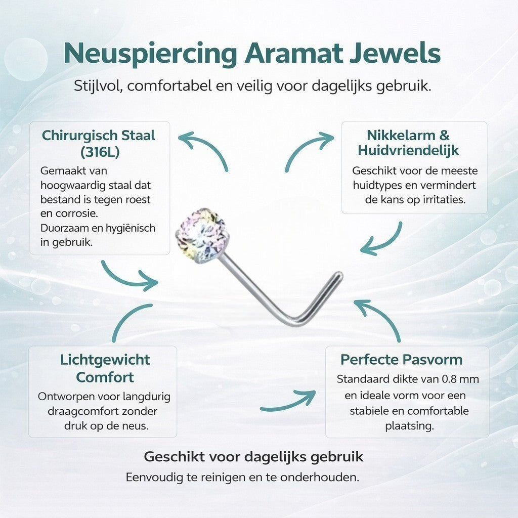 Aramat Jewels stalen neuspiercing met gebogen staafje en schitterende AB transparante zirkonia steen.